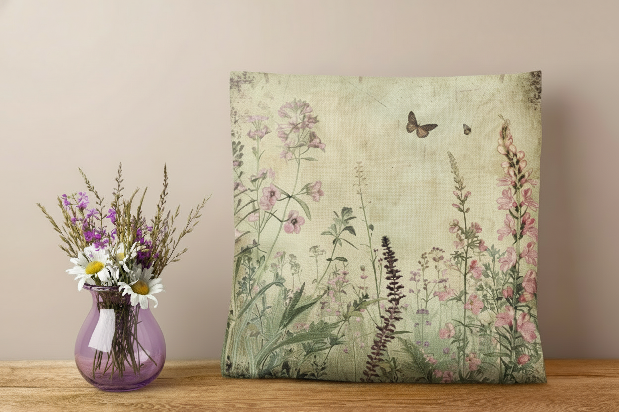 Decorative pillow with floral design next to a mug with flowers on a wooden surface against a white brick wall.