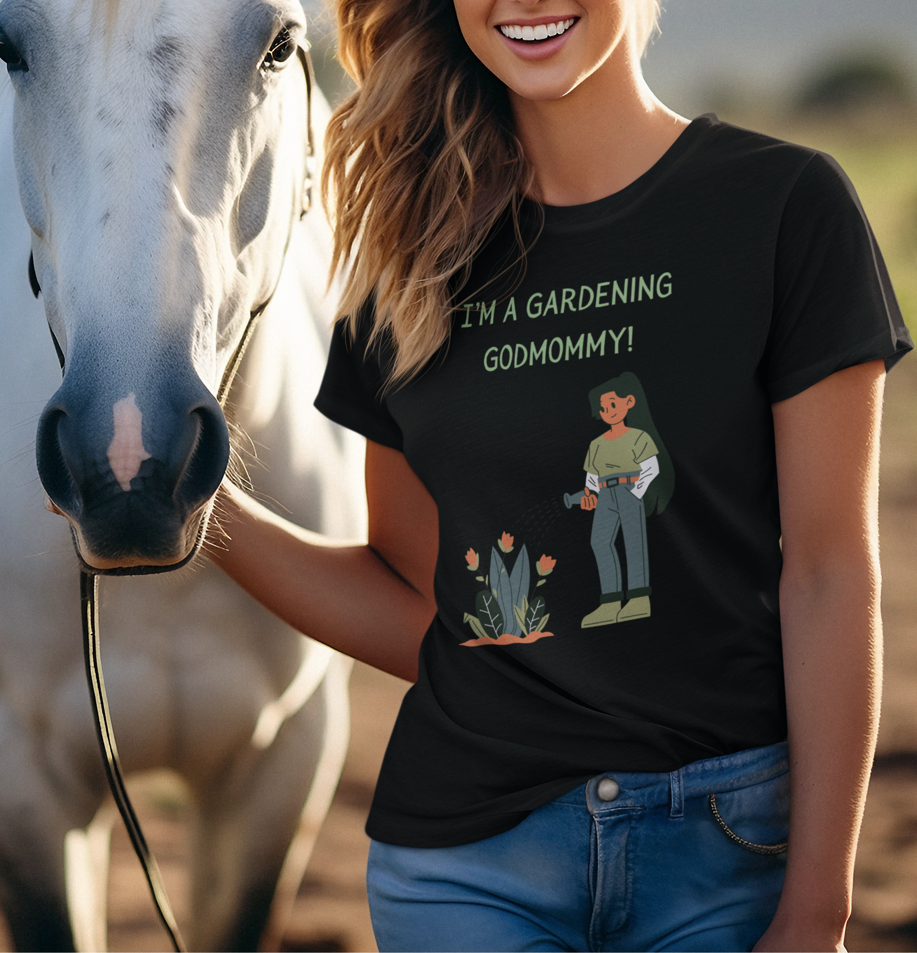 Woman wearing a black t-shirt with a graphic design standing next to a horse.