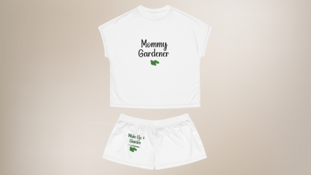 White sleeveless top and shorts set with 'Mommy Gardener' text on a beige background