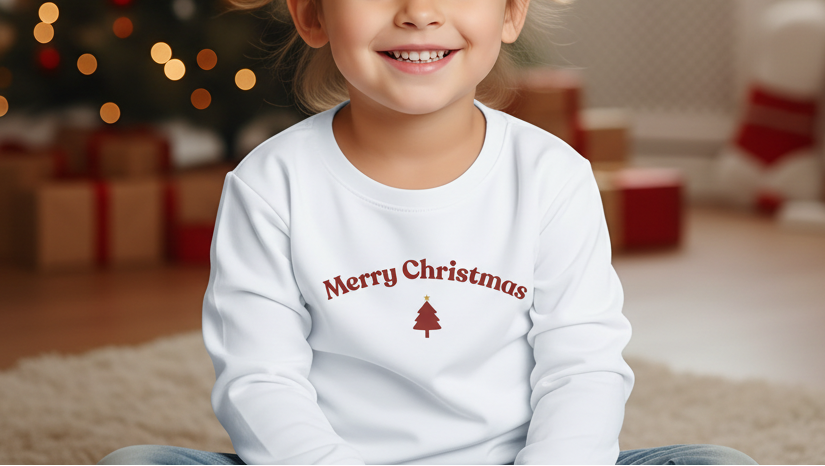 Child wearing a 'Merry Christmas' sweater in a festive setting with lights and presents.