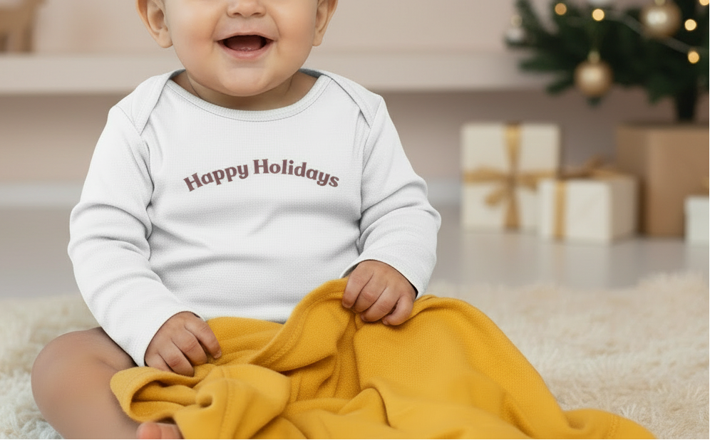 Baby wearing a 'Happy Holidays' onesie sitting on a yellow blanket with Christmas decorations in the background.