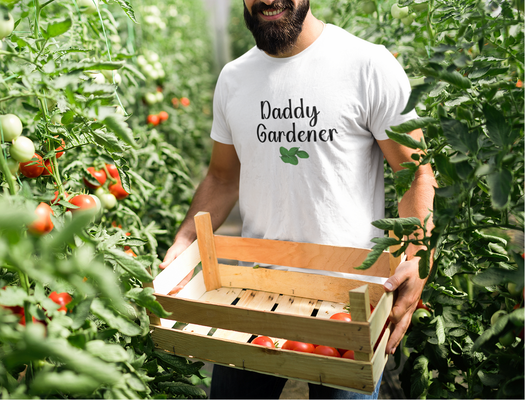 Man holding a wooden crate of tomatoes in a greenhouse