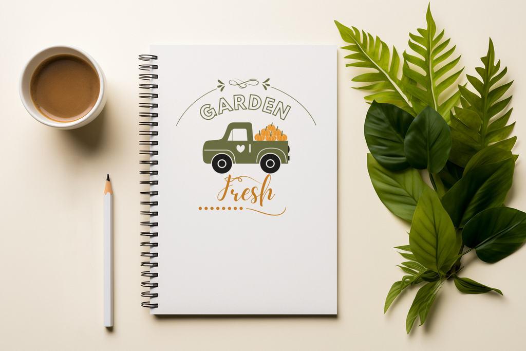 Notebook with 'Garden Fresh' design, cup of coffee, pencil, and leaves on a light surface
