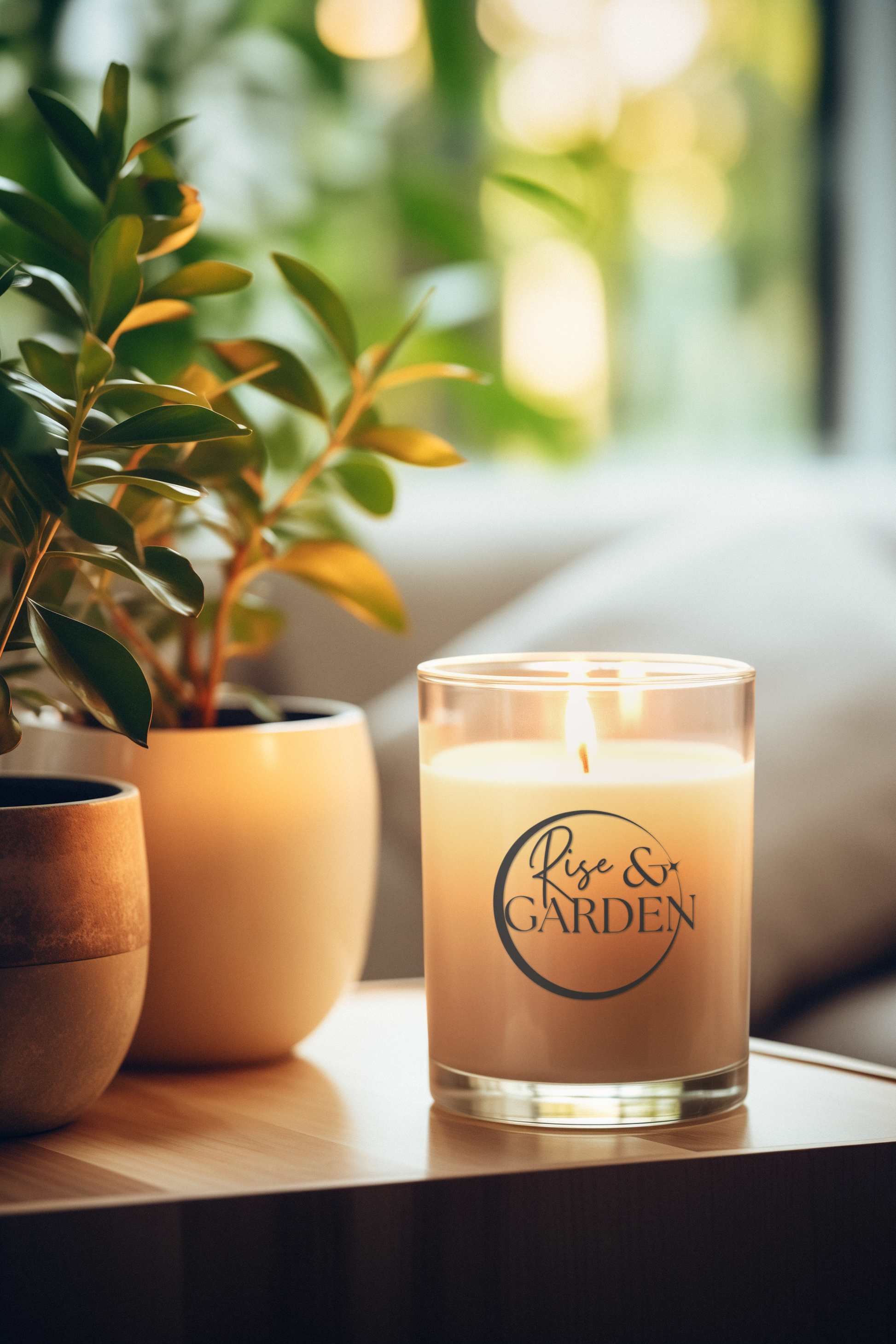 Candle with 'Rise & Garden' branding on a surface with plants in the background
