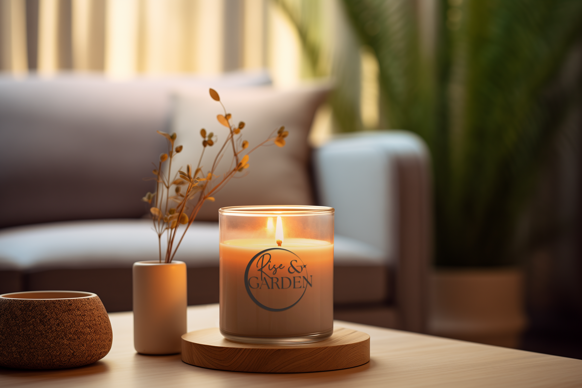 Candle with 'Rose & Garden' branding on a wooden coaster in a cozy living room setting.