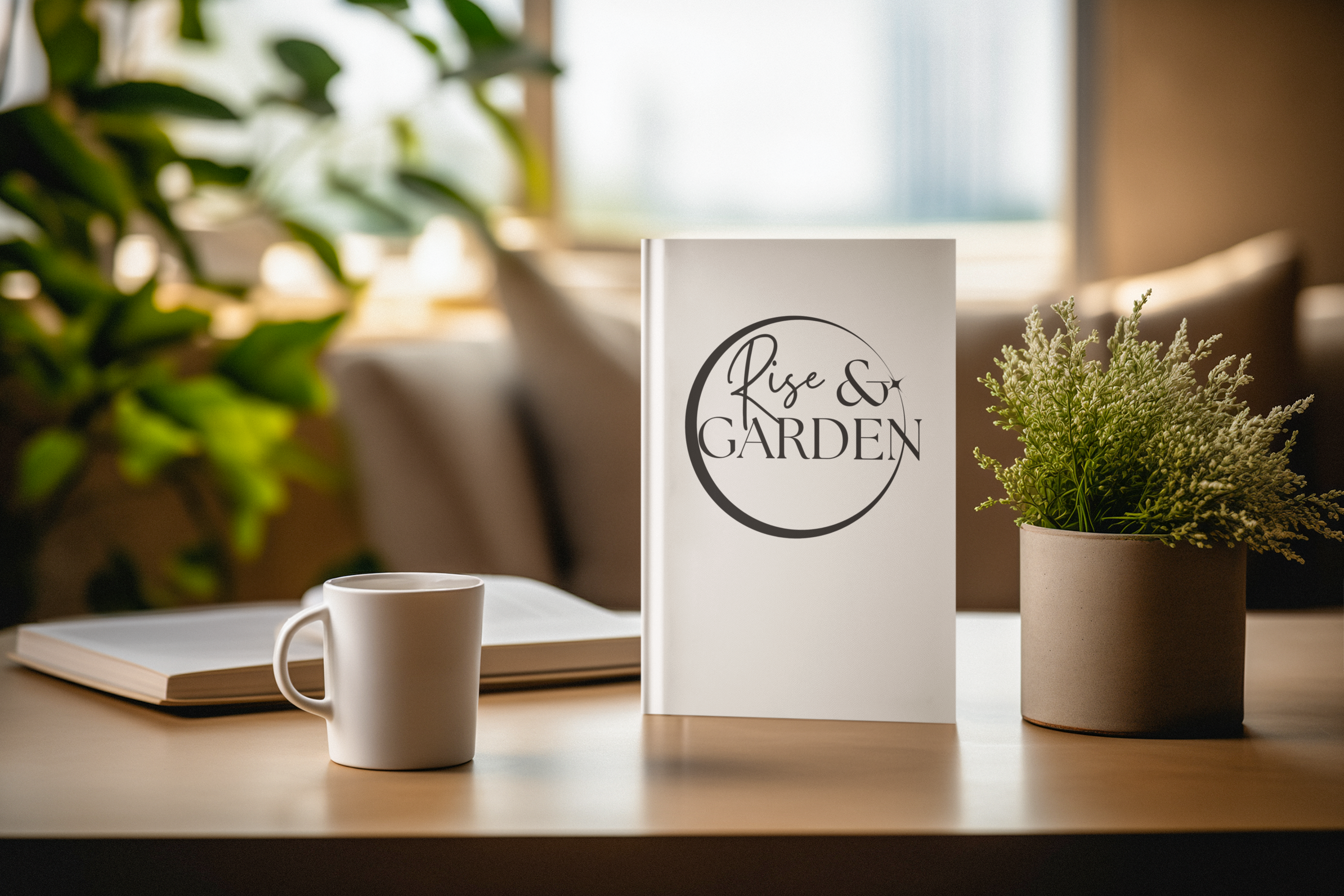 Book titled 'Rise & Garden' on a table with a mug and plant