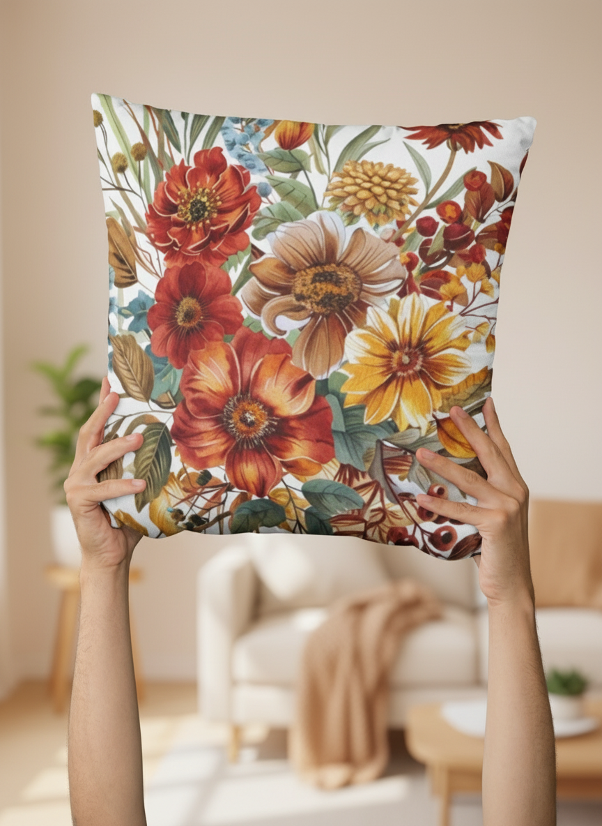 Floral-patterned pillow held up against a blurred indoor background