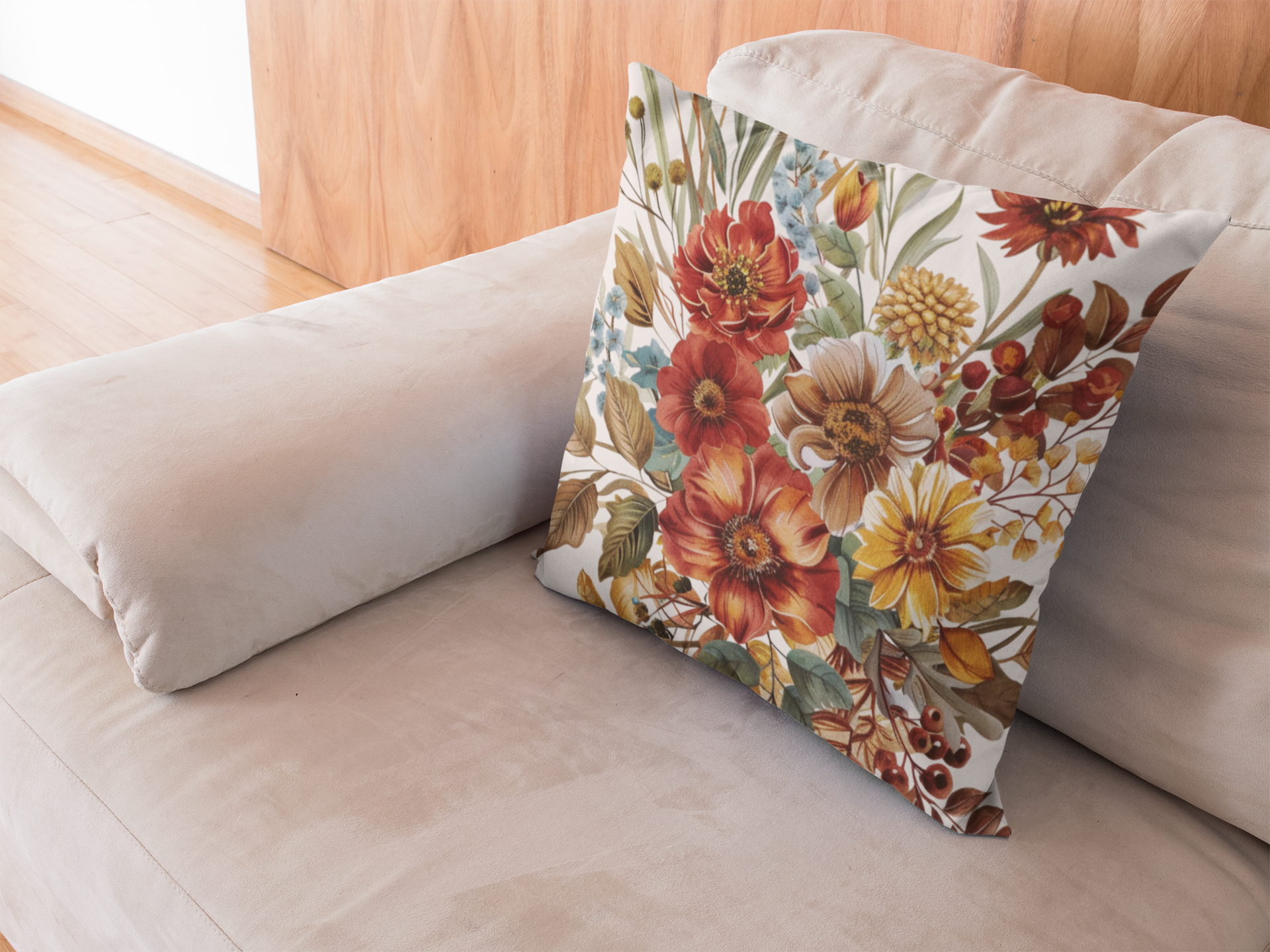 Floral-patterned pillow on a beige sofa