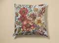 Floral-patterned pillow on a colorful geometric background
