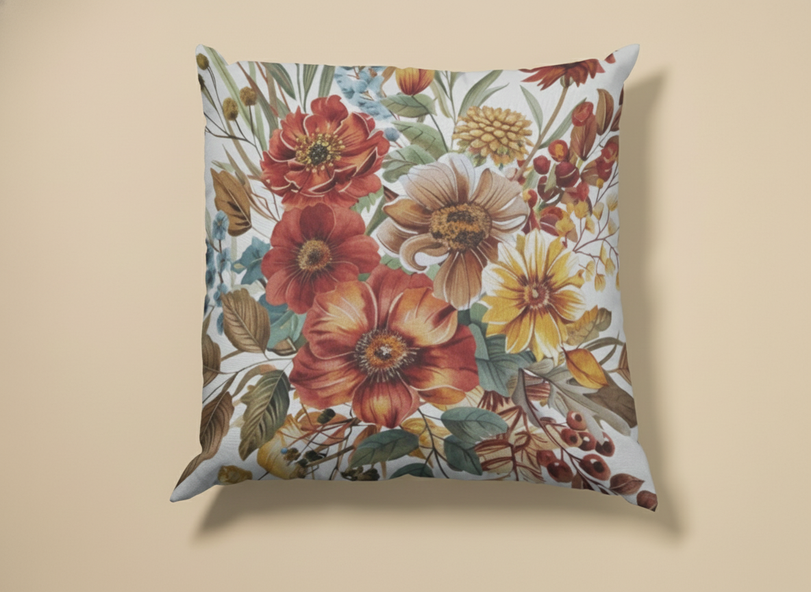 Floral-patterned pillow on a colorful geometric background