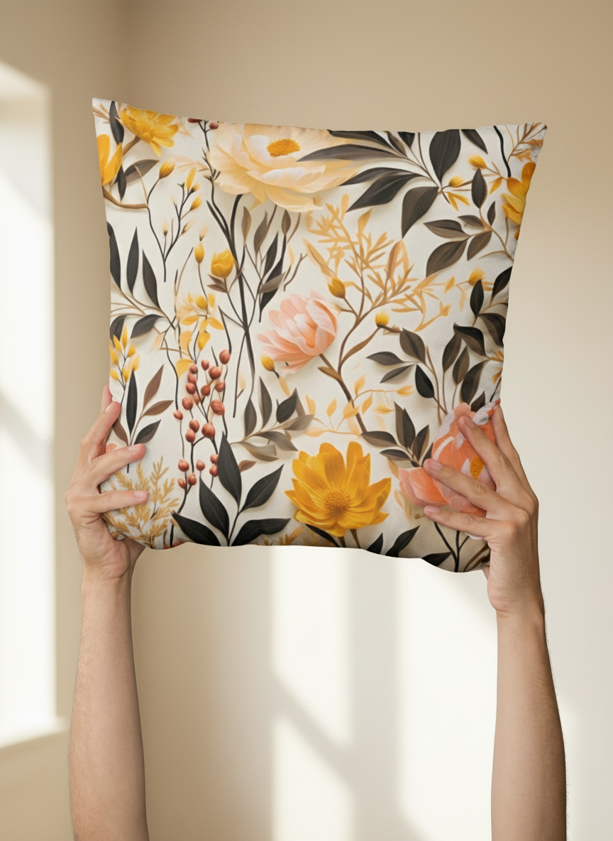 Floral patterned pillow held by hands against a colorful background