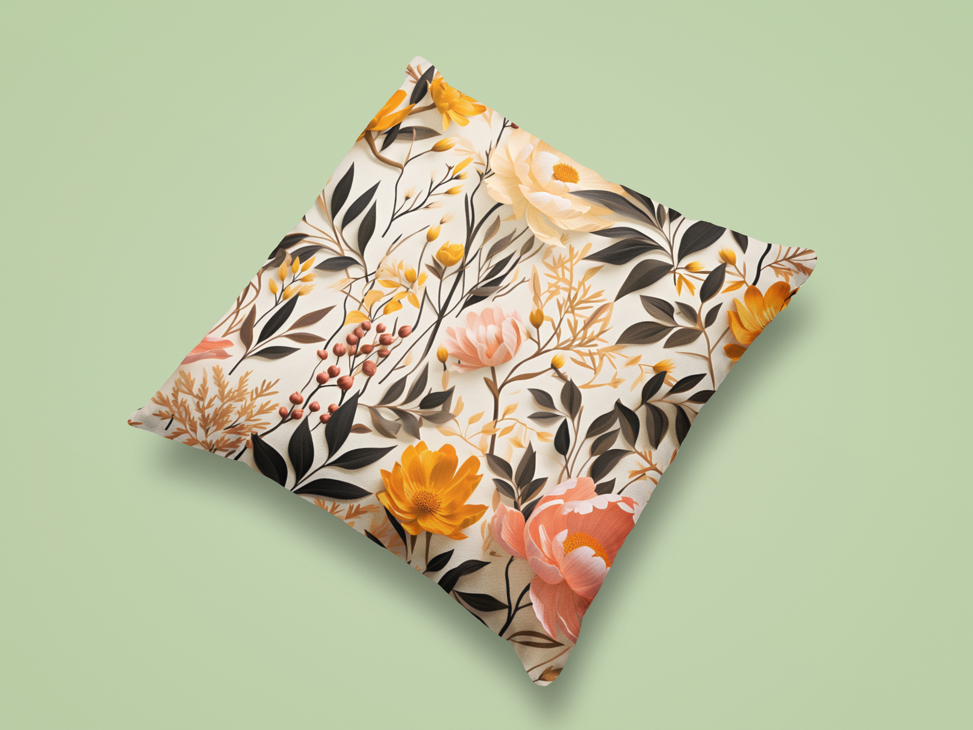 Floral-patterned pillow on a light green background