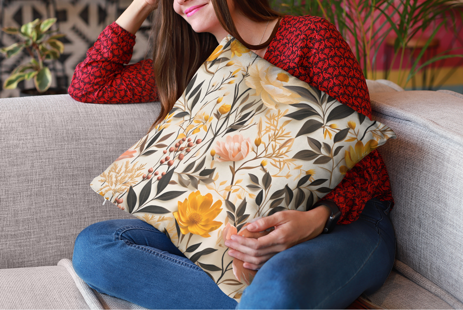 Woman holding a floral pillow on a couch with a colorful background