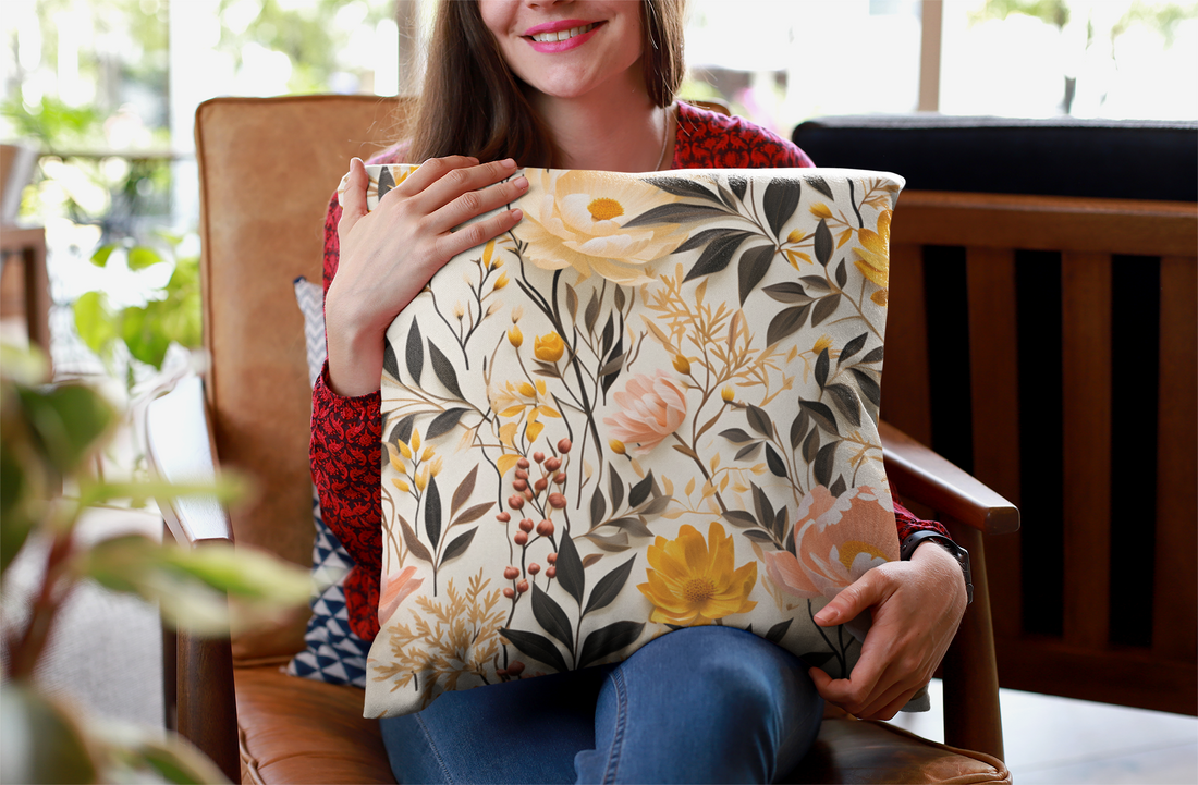 Floral pillow on a beige sofa with a side table and decor in a living room.