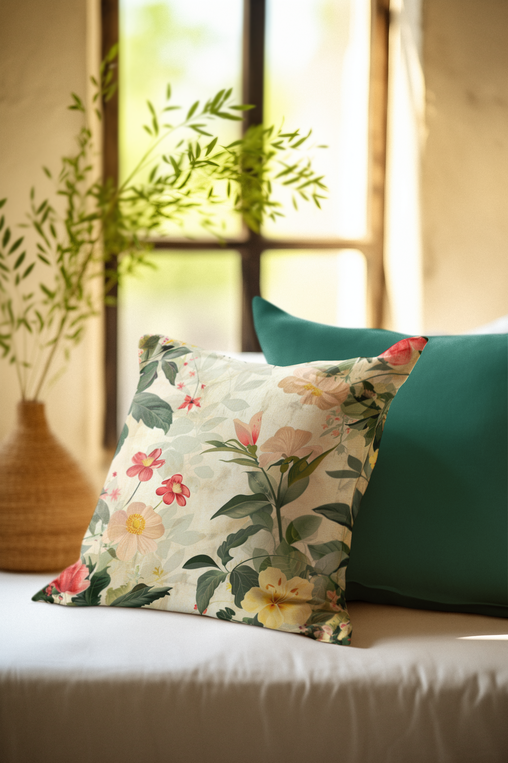 Floral-patterned pillow on a couch with a blurred plant and window in the background