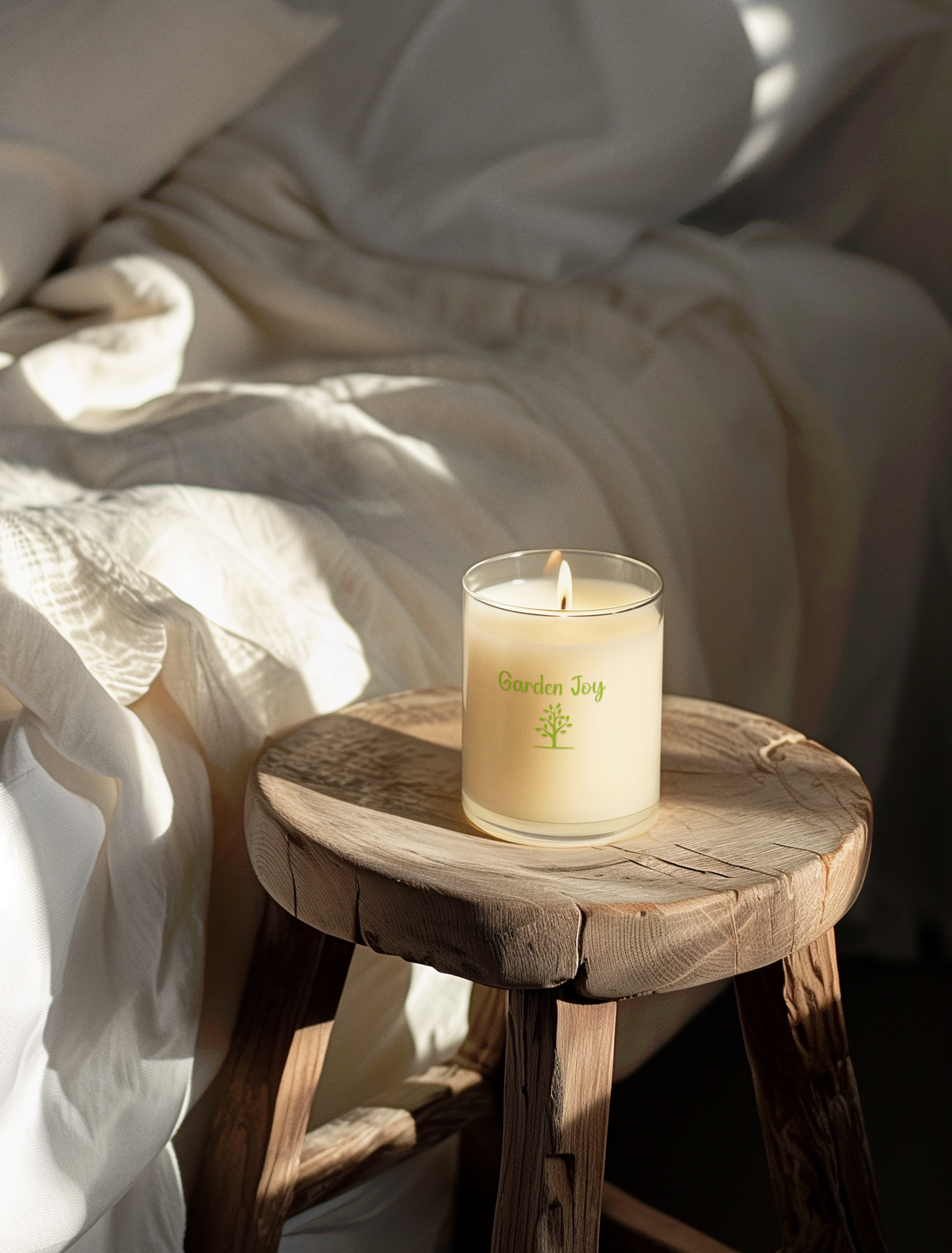 Candle on a wooden stool with soft lighting and neutral colors