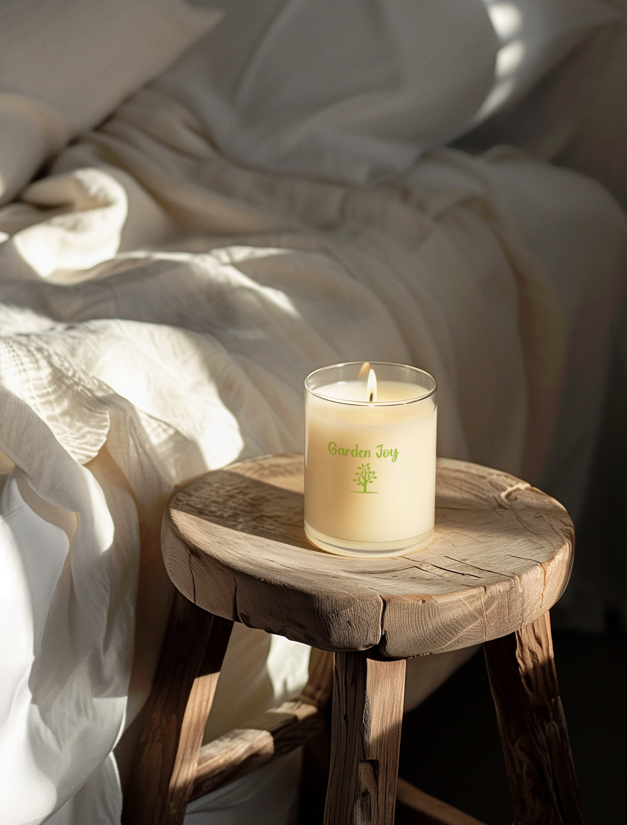 Candle on a wooden stool with soft lighting and neutral colors