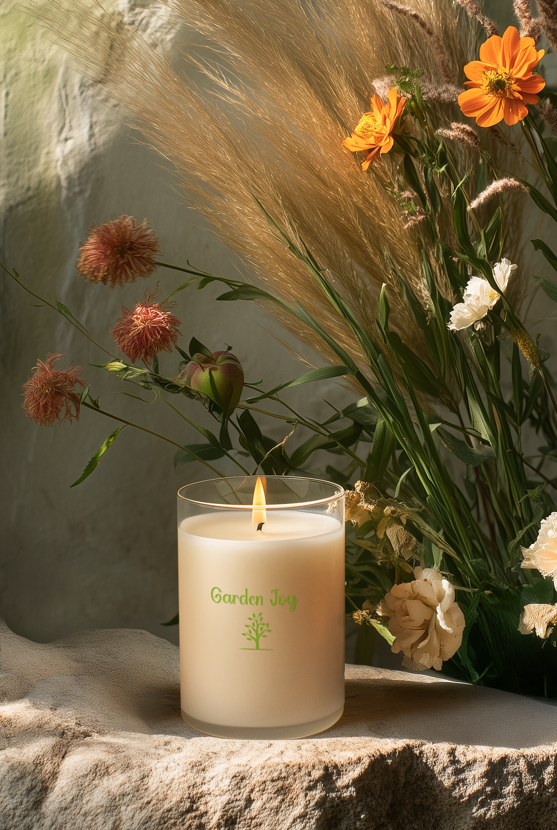 Candle with 'Garden Joy' branding in front of flowers and pampas grass.