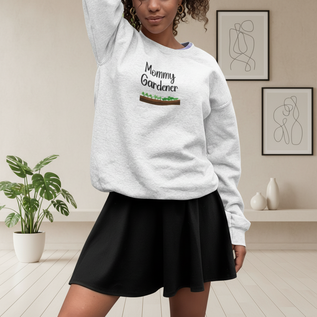 Woman wearing a white sweatshirt with 'Mommy Gardener' text, standing in front of a chain-link fence.
