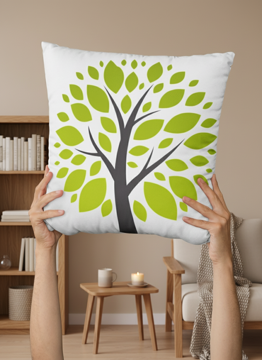 White pillow with green leaf design held by hands against a blurred background