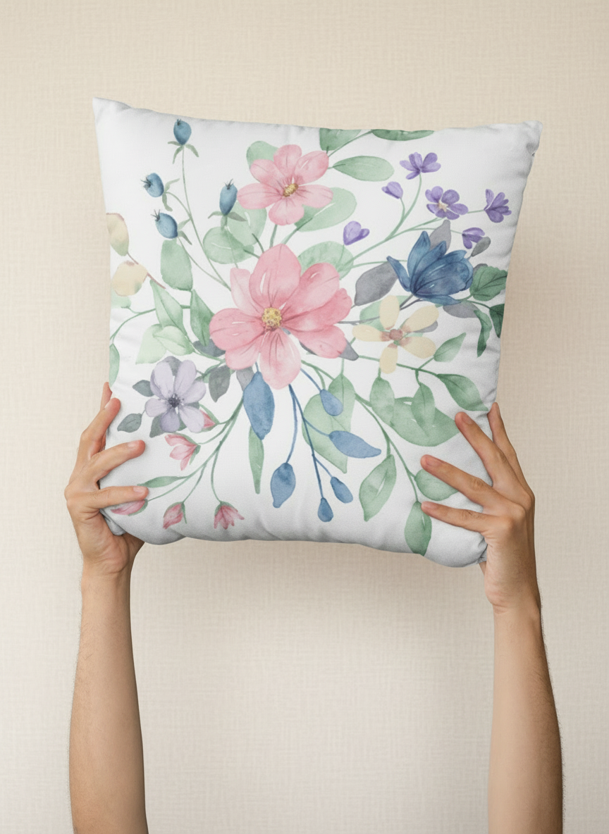 Floral-patterned pillow held by hands against a green and gray background