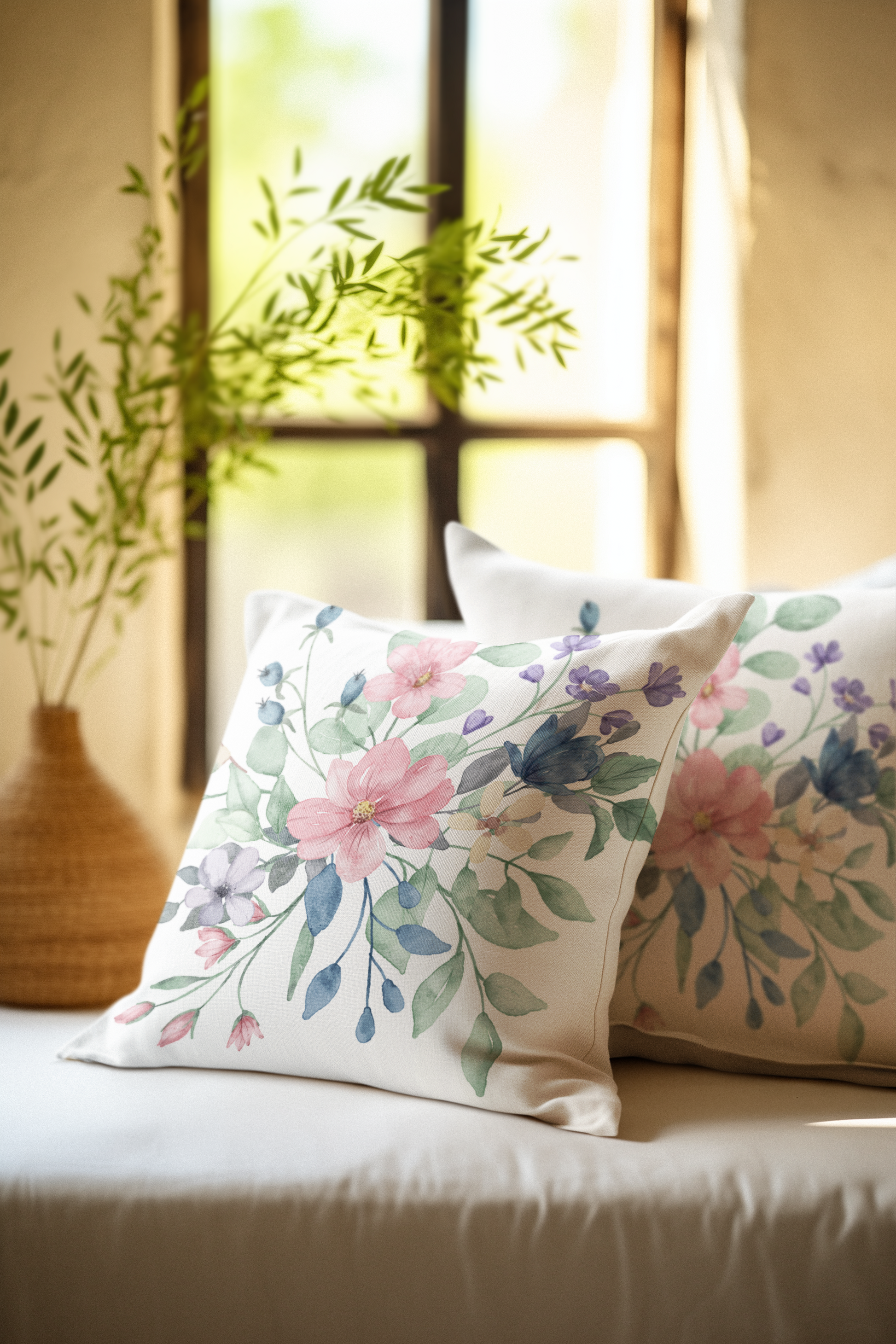 Floral-patterned cushions on a sofa with a window and plant in the background