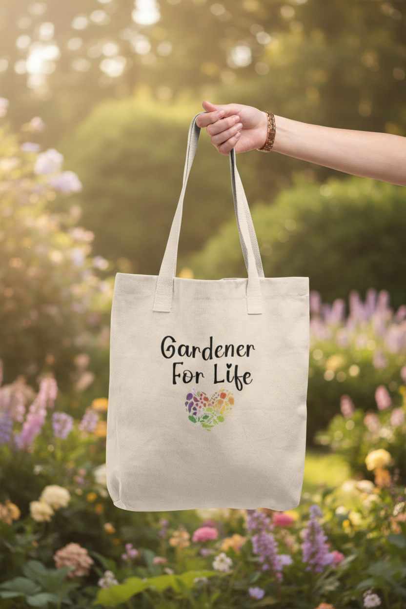 Tote bag with 'Gardener For Life' text and floral design held by a person against a plain background