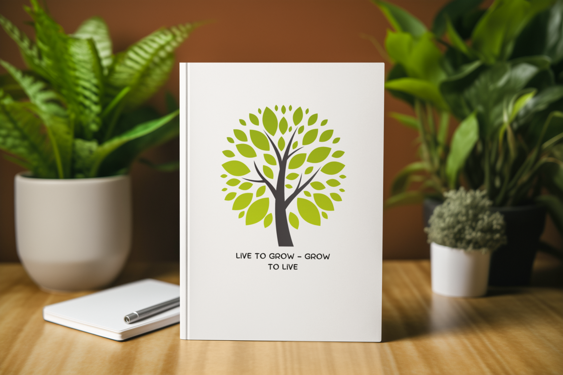 Card with a green tree design and text 'Live to grow, grow to live' on a wooden surface with plants in the background.