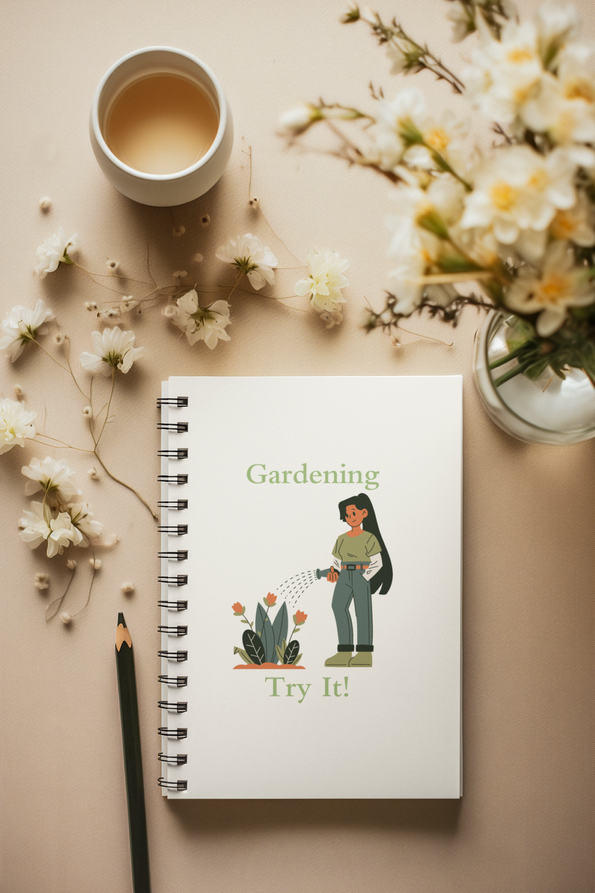 Notebook with gardening illustration and text, surrounded by flowers and a cup on a light surface.