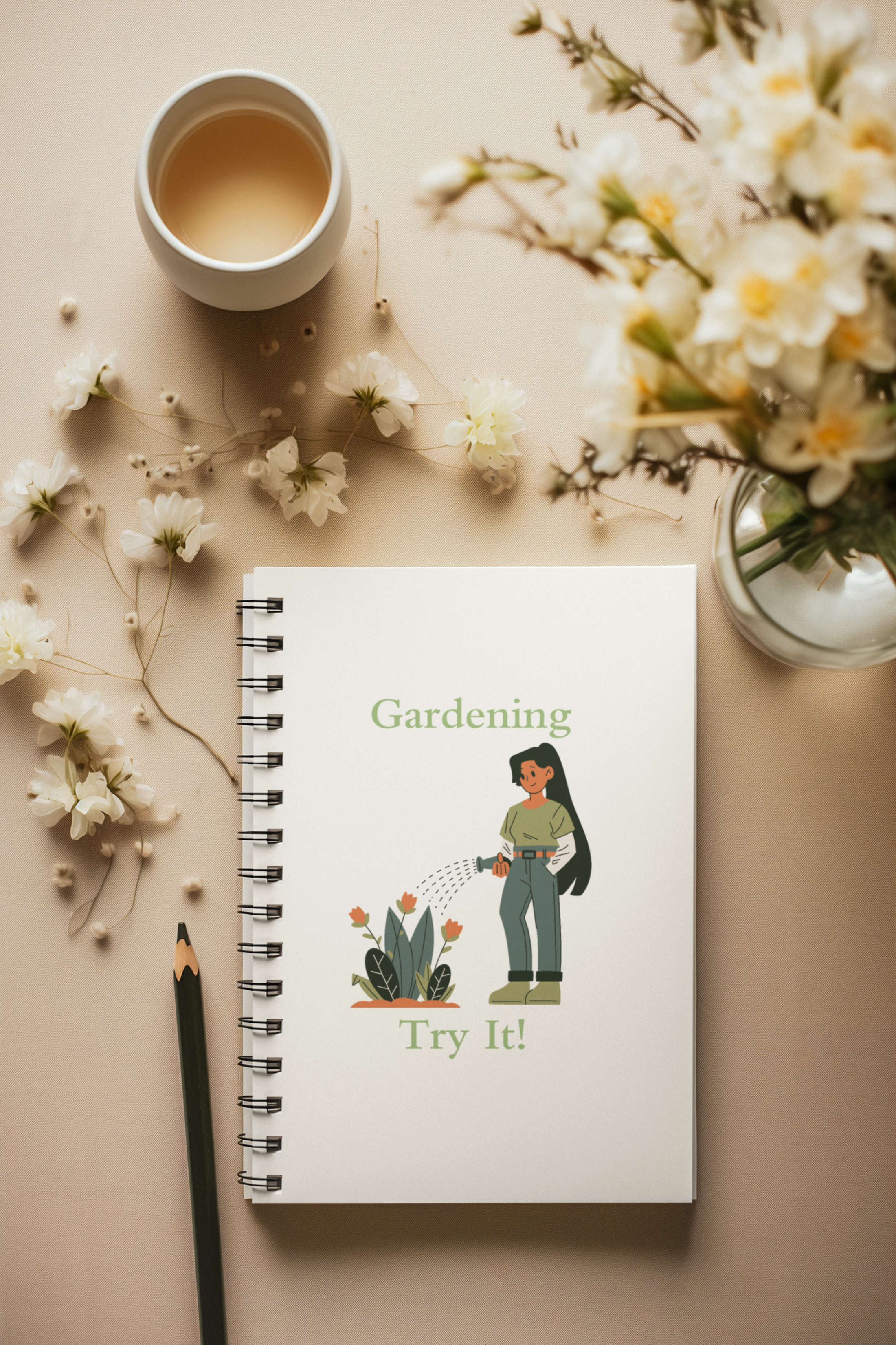 Notebook with gardening illustration and text, surrounded by flowers and a cup on a light surface.