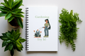 Notebook with gardening illustration surrounded by potted plants on a white background