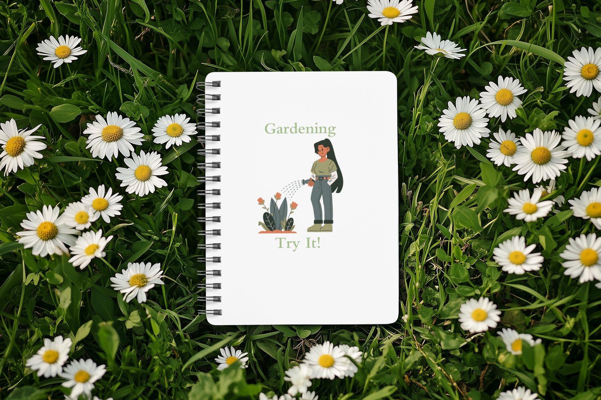 Notebook with gardening illustration on grass and daisies