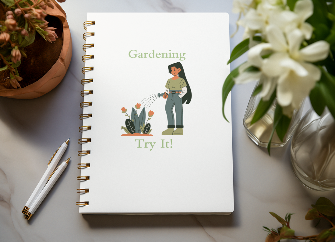 Notebook with gardening illustration and text, surrounded by flowers and a cup on a light surface.