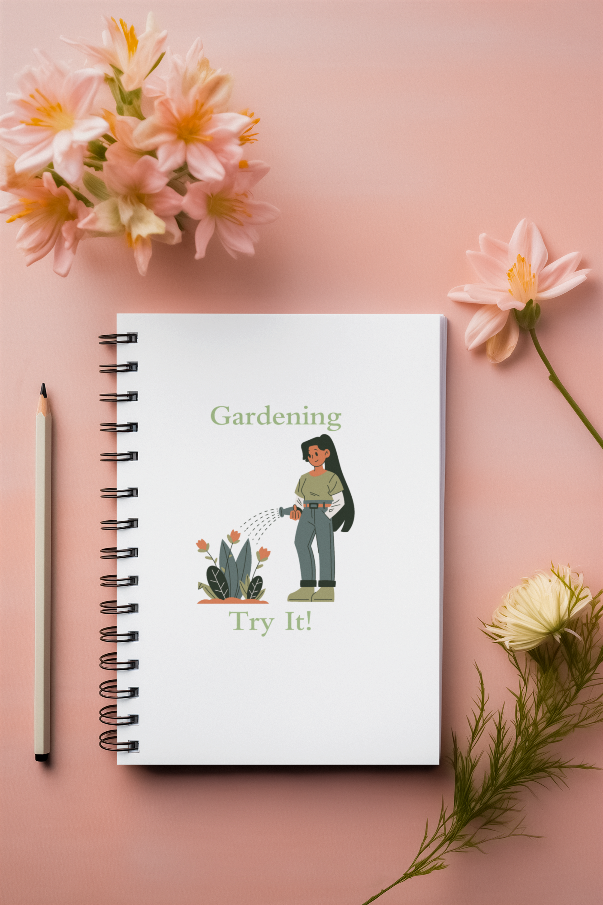 Notebook with gardening illustration and text on a pink background with flowers