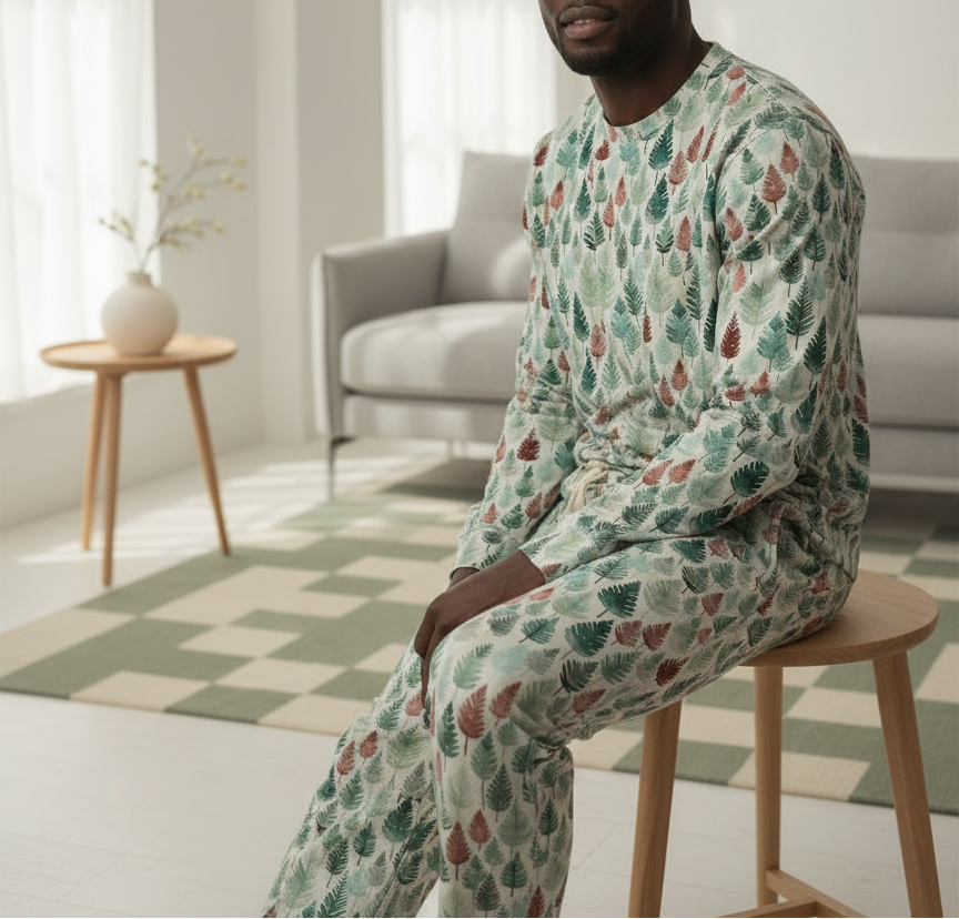 Person wearing a patterned pajama set sitting on a stool in a living room.