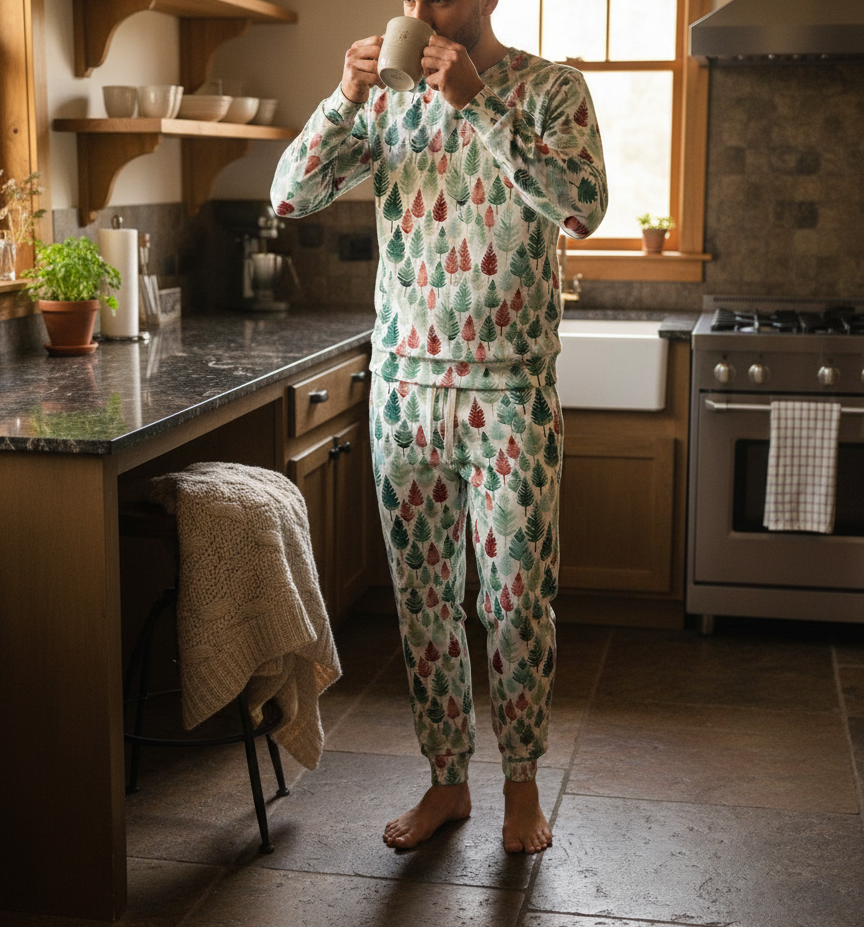 Person wearing a festive pajama set in a kitchen