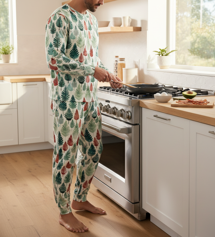 Person wearing a patterned onesie in a kitchen