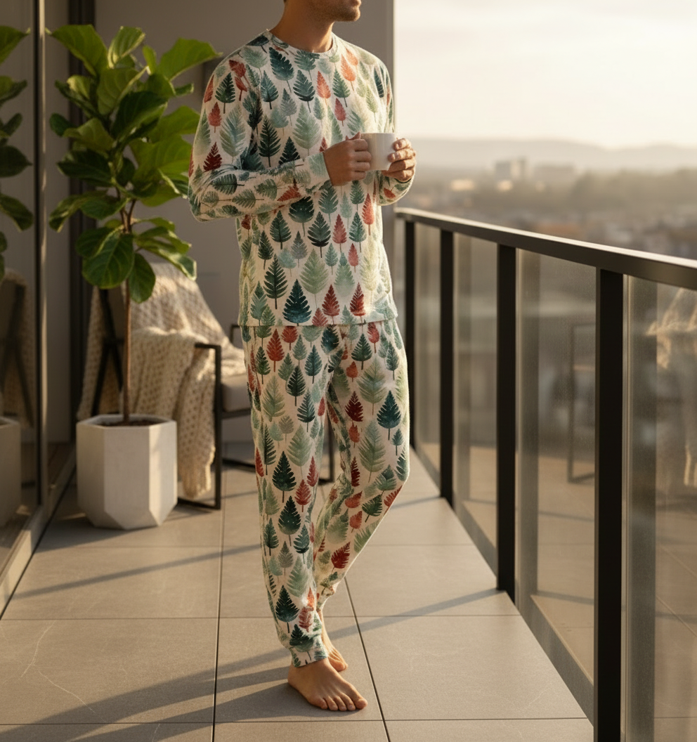 Person wearing a patterned onesie on a balcony with a plant and cityscape view.