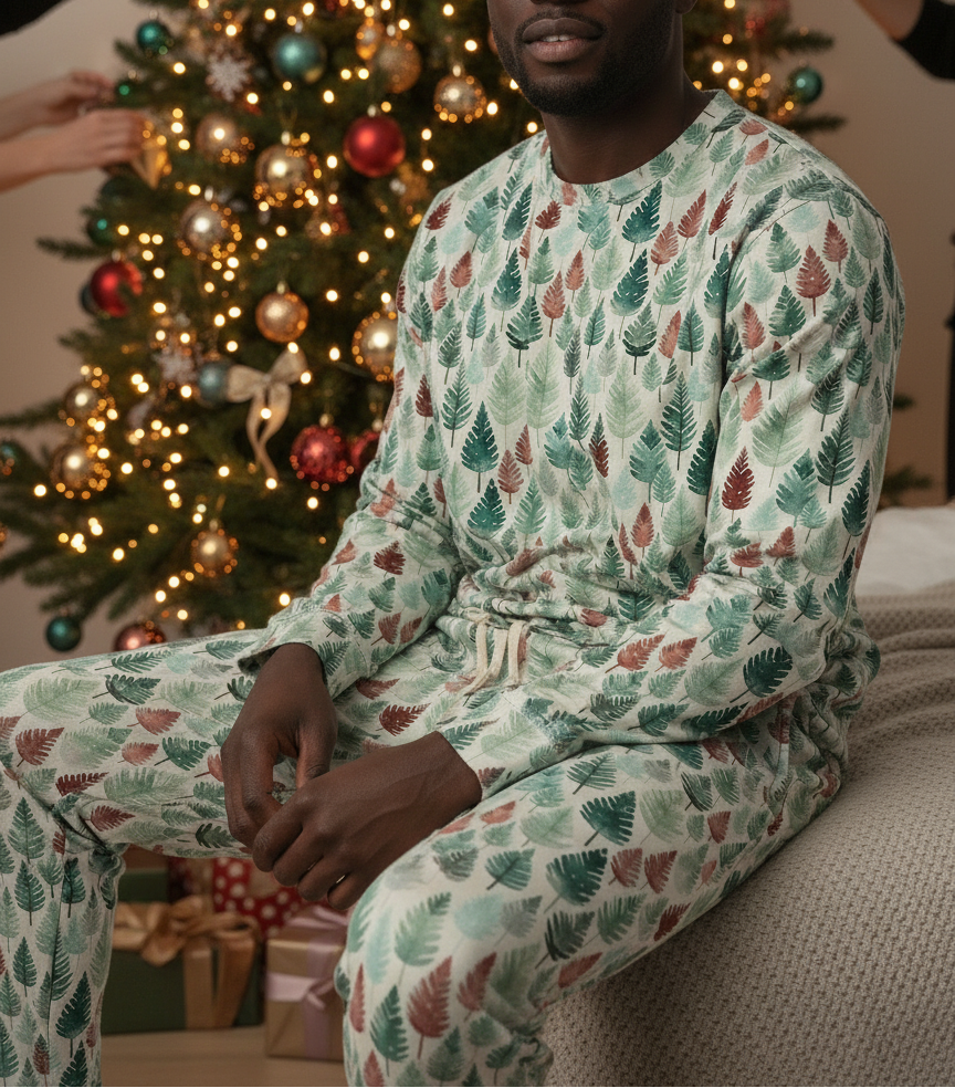Person wearing a festive pajama set in front of a decorated Christmas tree.