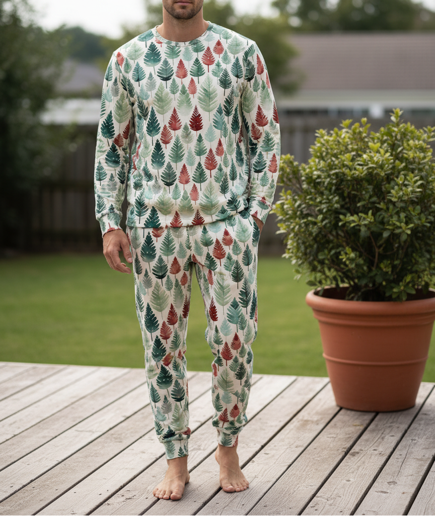 Person wearing a patterned pajama set on a wooden deck with a potted plant in the background.