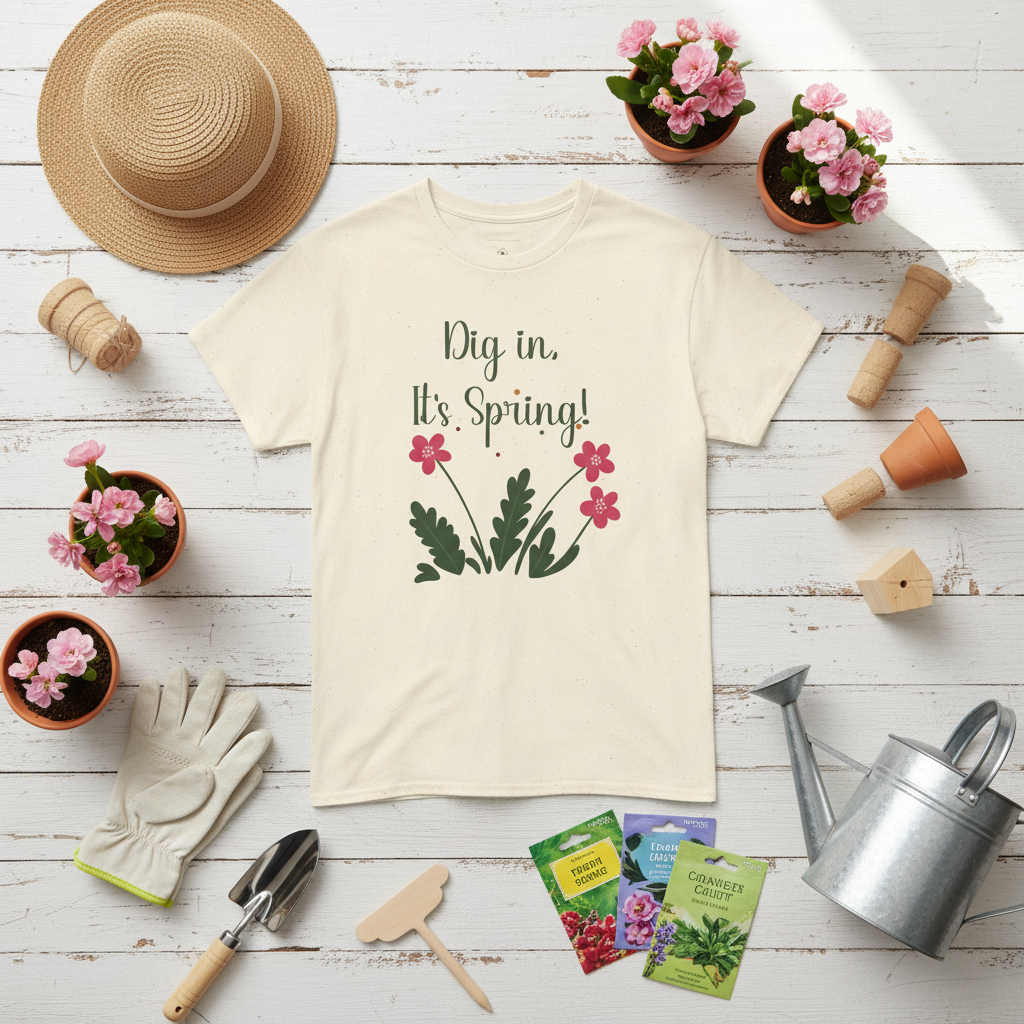 Beige t-shirt with 'Dig in, It's Spring!' text and floral design on a wooden surface with gardening items.