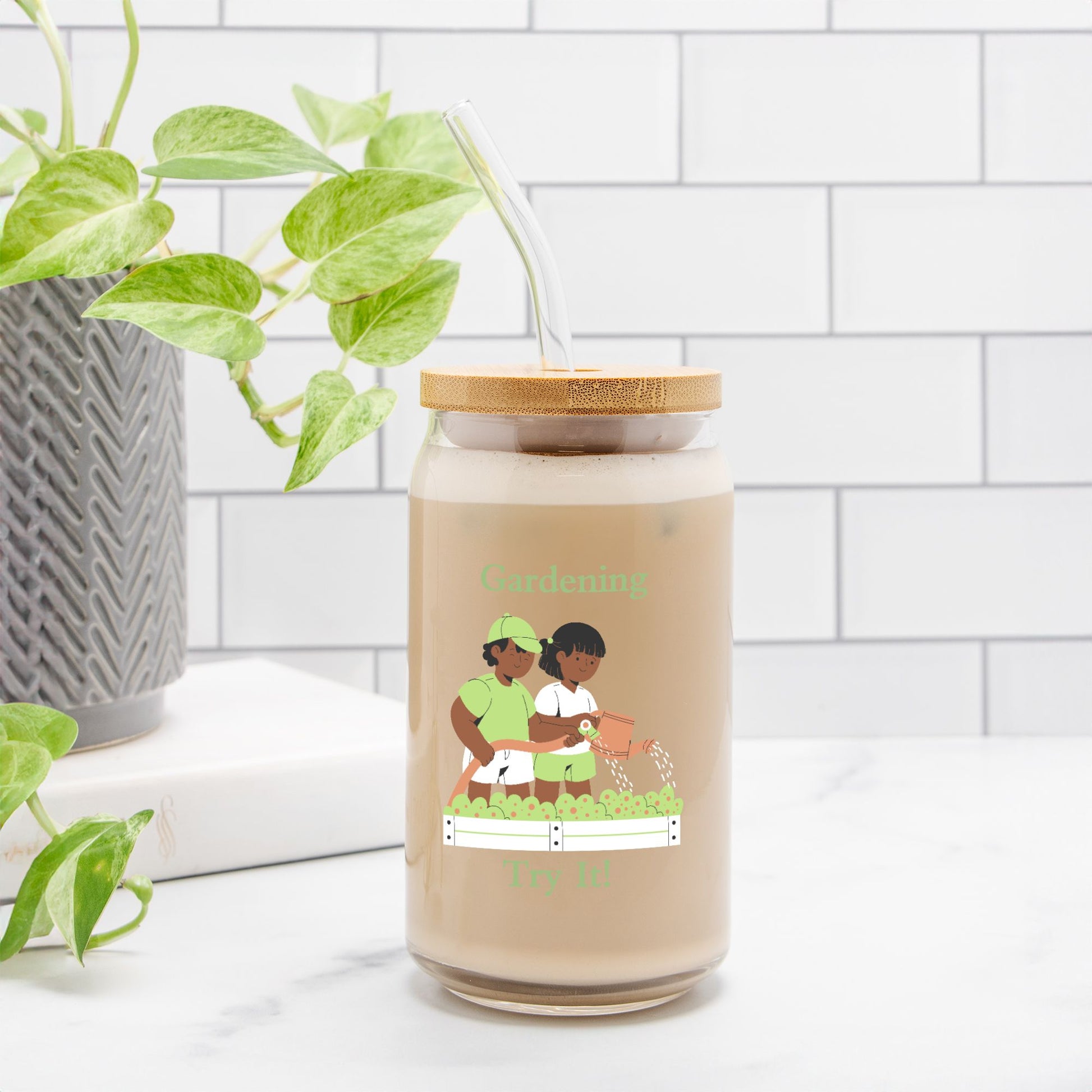Jar with a wooden lid on a white surface with a plant in the background