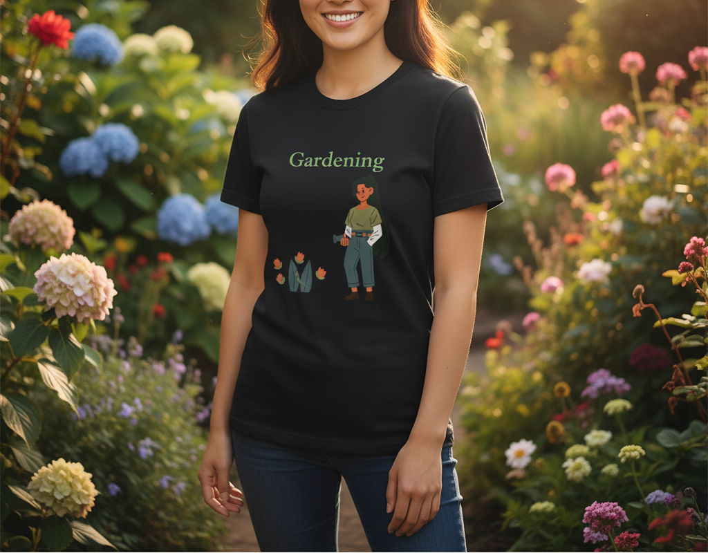 Person wearing a black t-shirt with 'Gardening' and an illustration of a person gardening, standing in a garden.