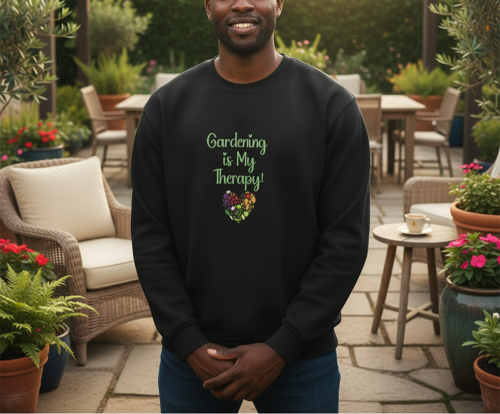 Man wearing a black sweatshirt with 'Gardening is My Therapy!' text in a garden setting