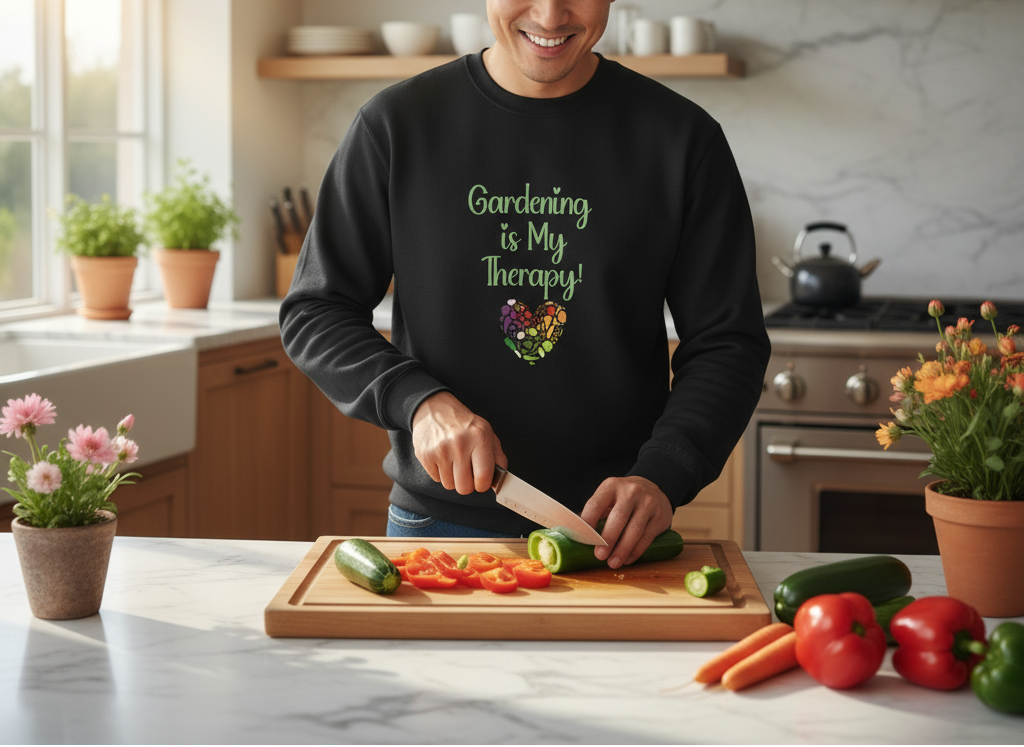 Person in a kitchen wearing a black sweatshirt with 'Gardening is My Therapy' text, cutting vegetables.