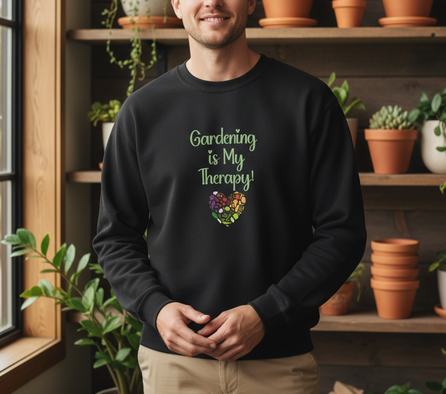 Person wearing a black sweatshirt with 'Gardening is My Therapy!' text and floral design, standing in a room with plants.