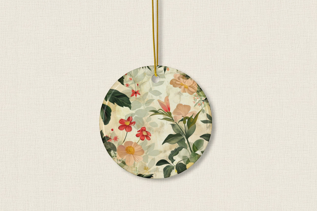 Round floral ornament with a gold hanging string on a white background
