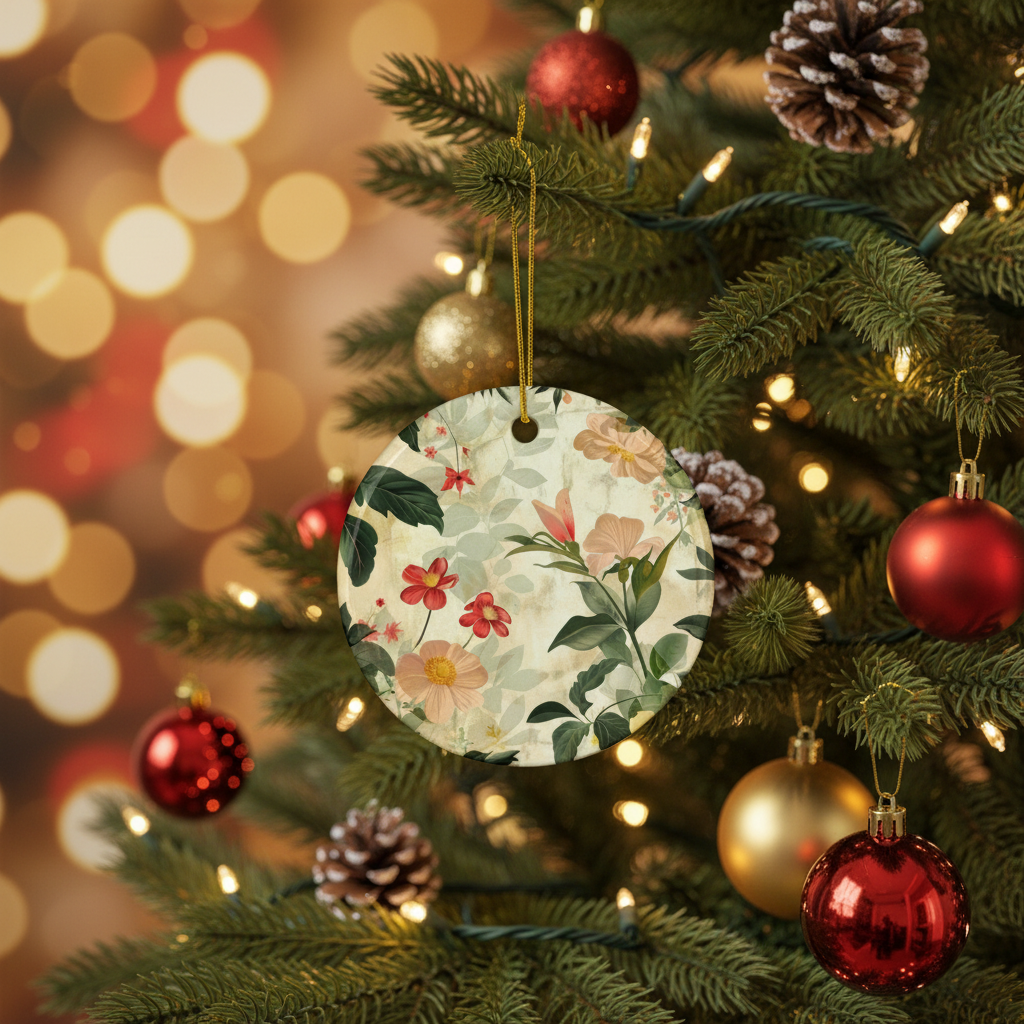 Decorative floral ornament on a Christmas tree with red and gold ornaments and blurred lights in the background.