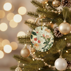 Decorative floral ornament on a Christmas tree with a blurred lights background