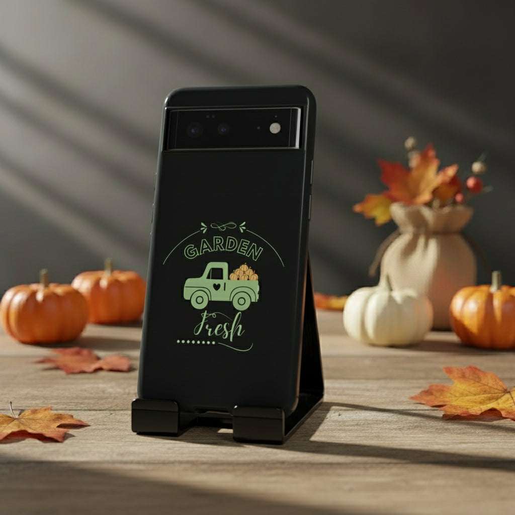 Black phone case with a green truck and 'Garden Fresh' text on a white background